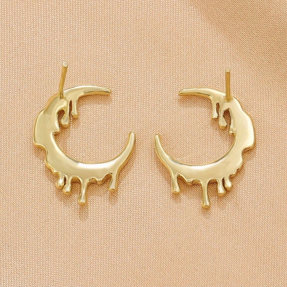 “Melting Moons” Gold Crescent Liquid Metal Dripping Droplet Celestial Edgy Studs - Picture 4 of 4